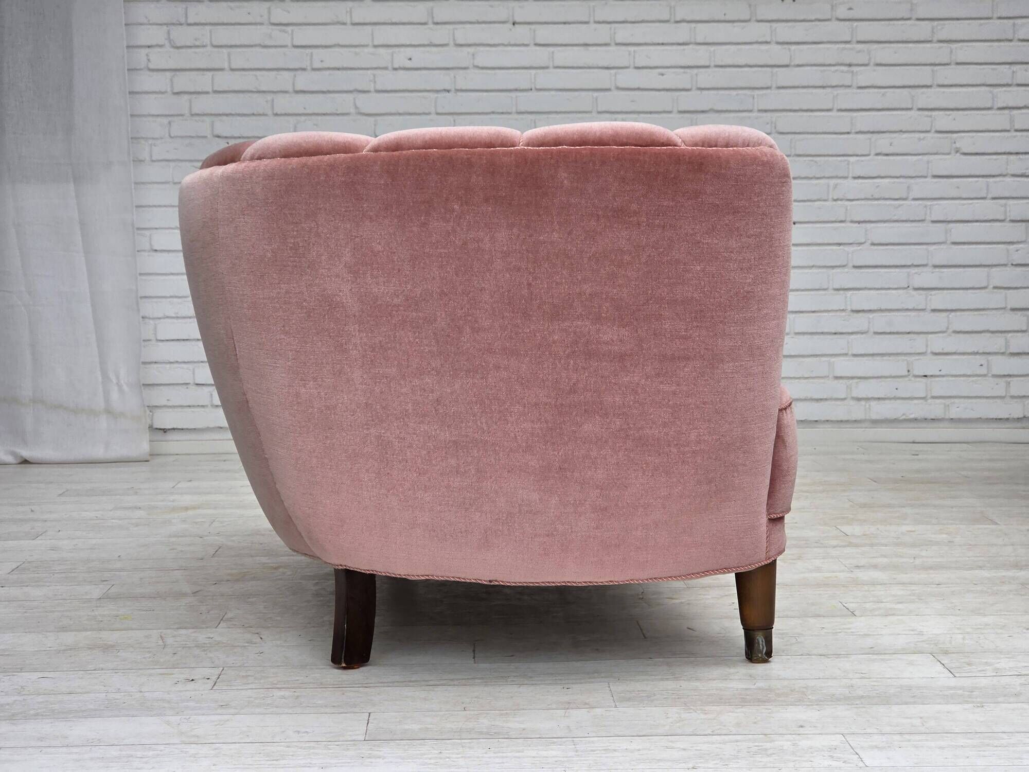 1970s, Danish 2-seater curved sofa, original salmon pink furniture velour.