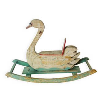 Vintage painted wooden rocking swan