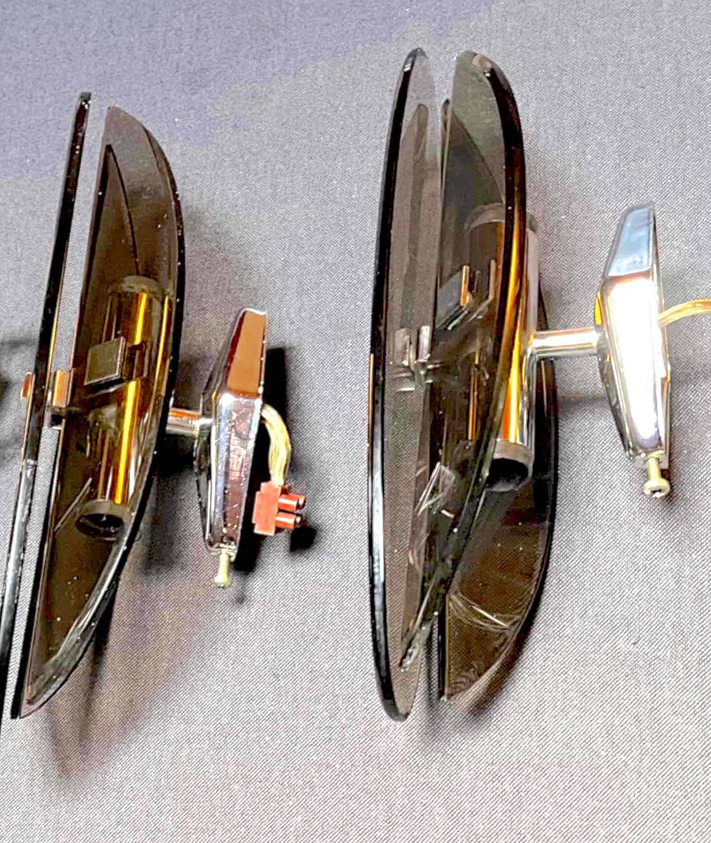 Veca, Pair of smoked glass and chrome wall lights, Italy 1970s
