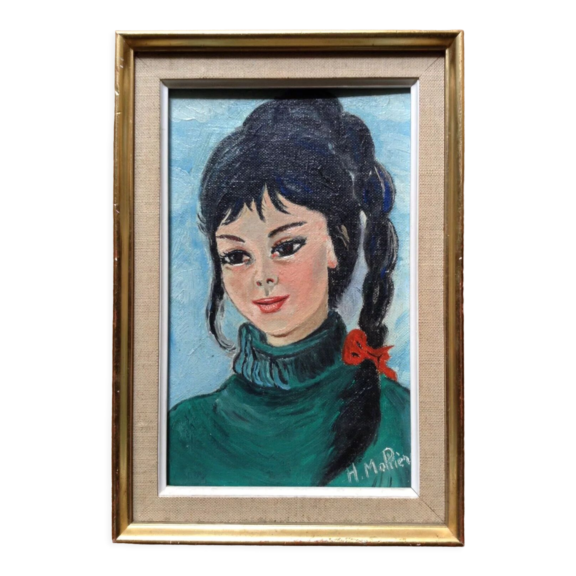 Tableau portait de jeune fille à la natte et ruban rouge, huile signée 1960