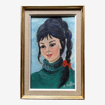 Tableau portait de jeune fille à la natte et ruban rouge, huile signée 1960