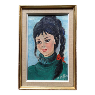 Painting portrait of a young girl with pigtail and red ribbon, oil signed 1960
