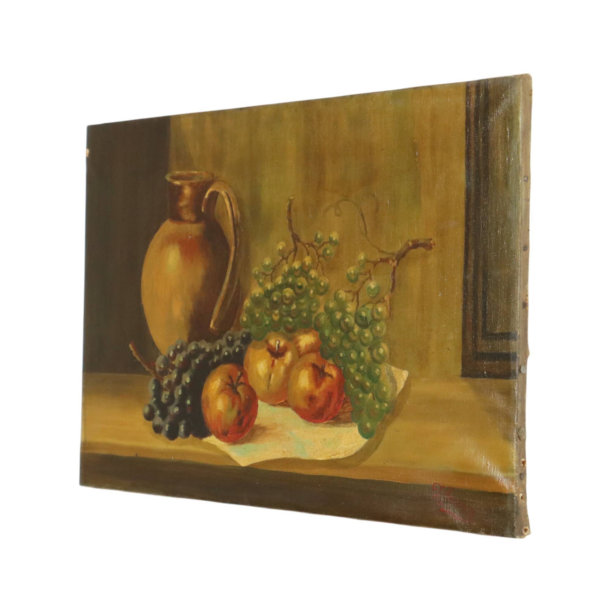 Still Life Fruit with a Jug Oil on Canvas Painting Signed