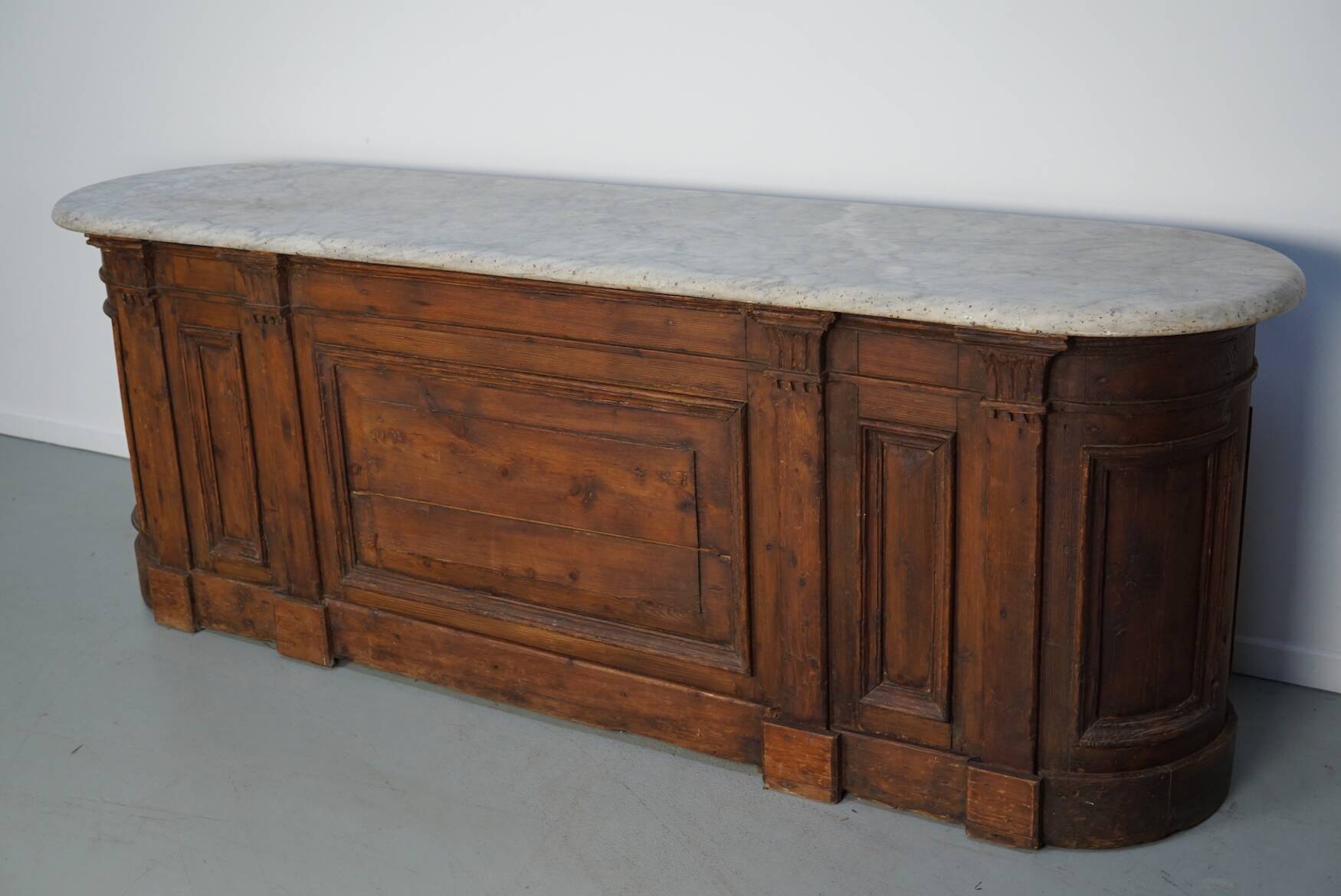 Antique Shop Counter / Kitchen Island in Dutch Pine and Marble, 19th Century
