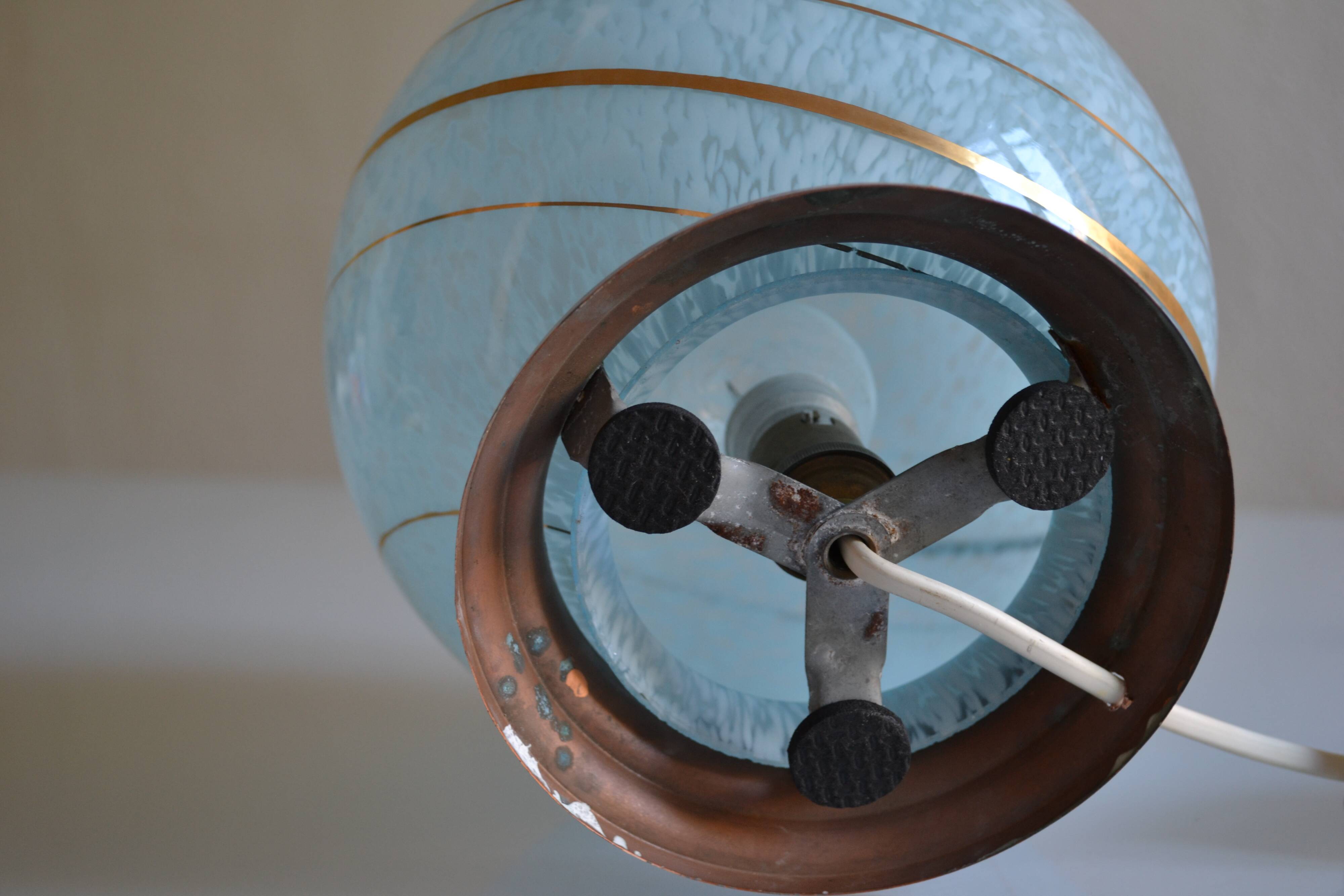 Art Deco table lamp with blue speckled opaline glass globe