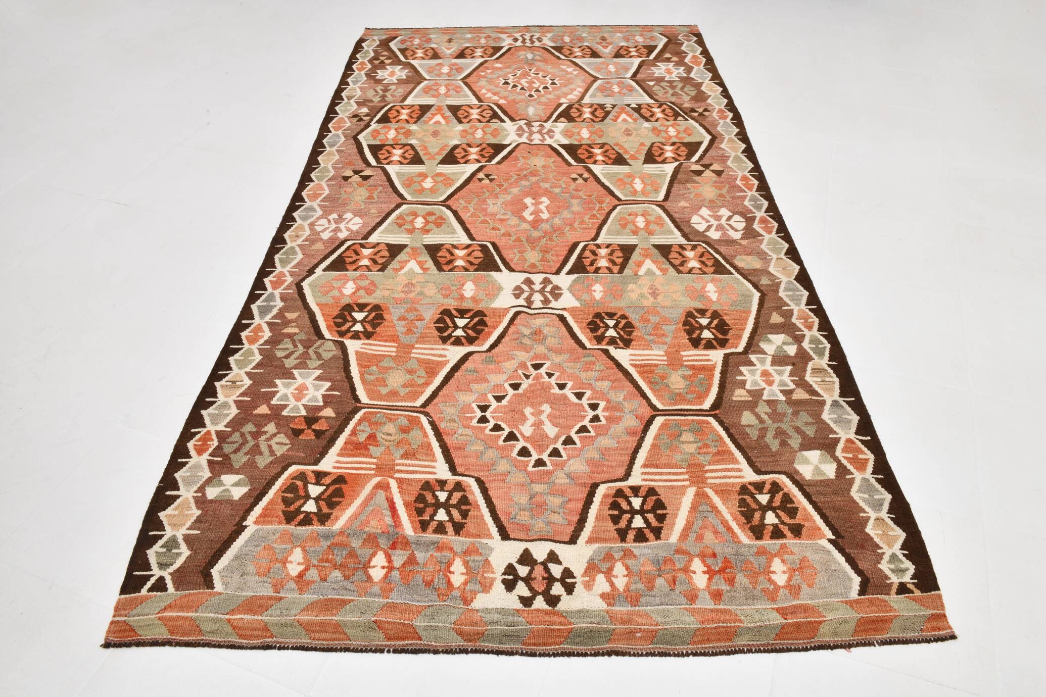 5x10 Pale Red & Brown Geometric Persian Kilim Rug, 170x310Cm