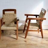 Pair of children's armchairs in rope, attributed to Audoux Minet.