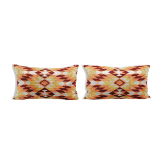 Ikat Lumbar Pillow Cover - Set of Two Colorful Silk Ikat Velvet Pillowcase - Handwoven Cushion Cover