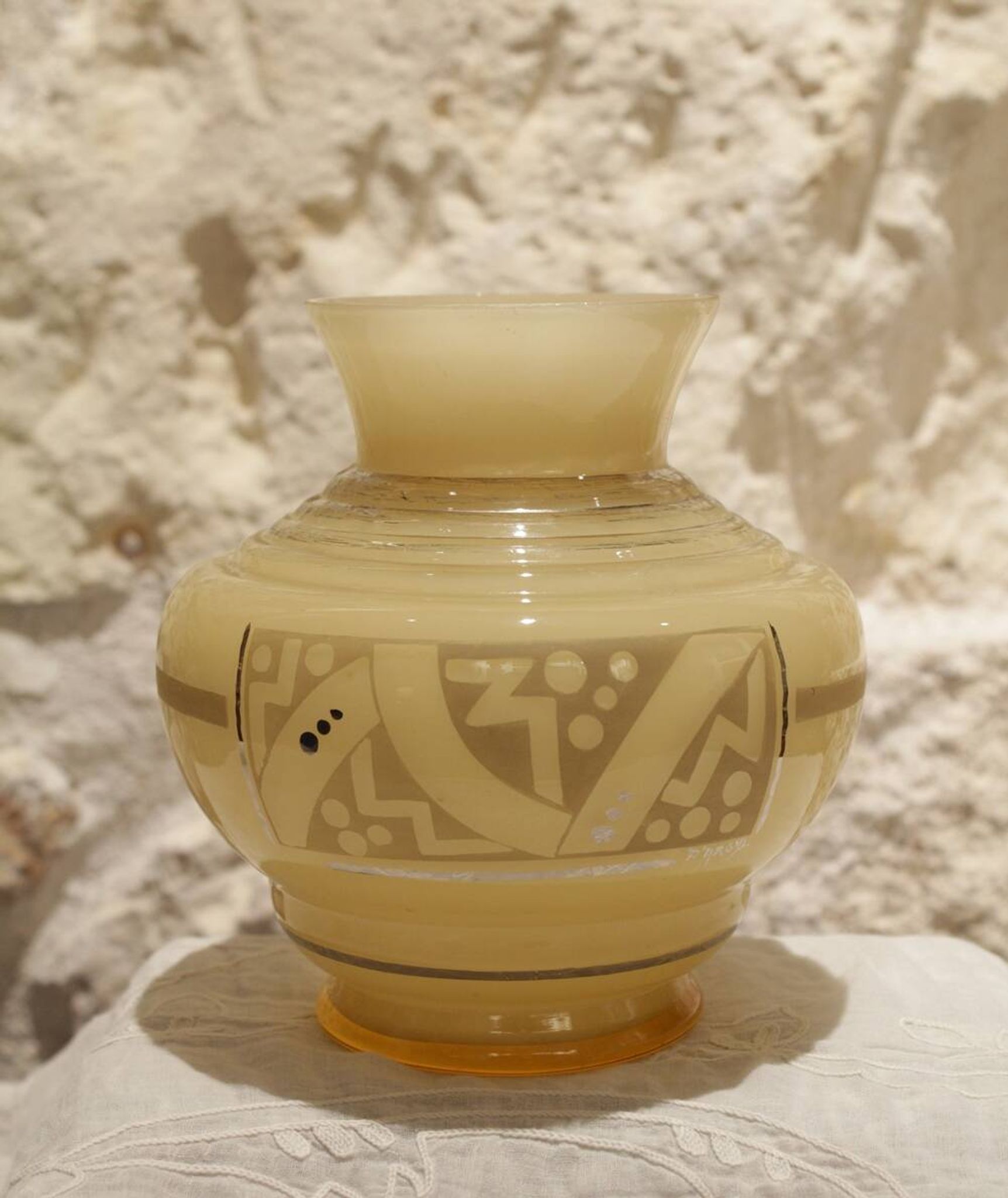 Yellow glass vase with Art Deco decoration signed D'Argyl circa 1930