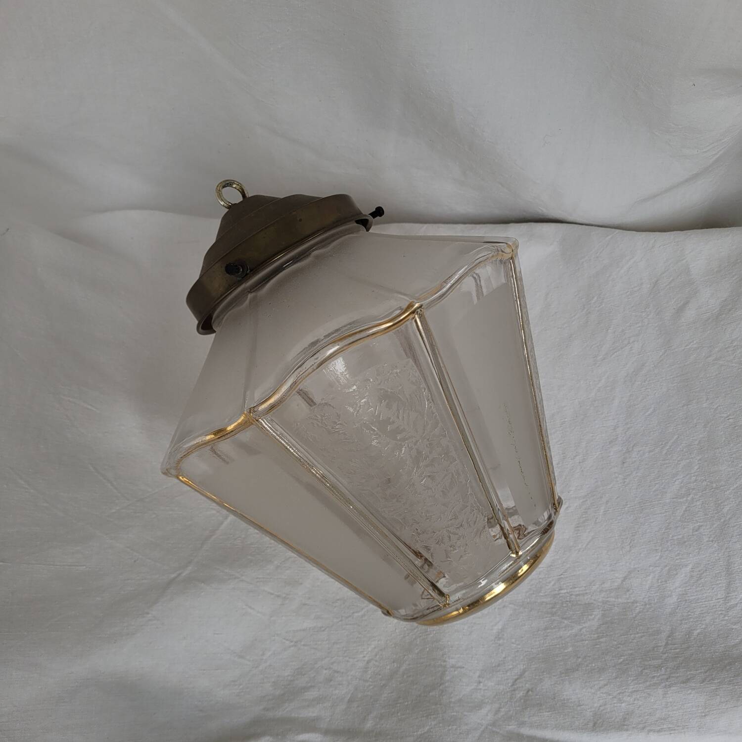 Suspended lantern in moulded glass and brass – 50's vintage light fixture