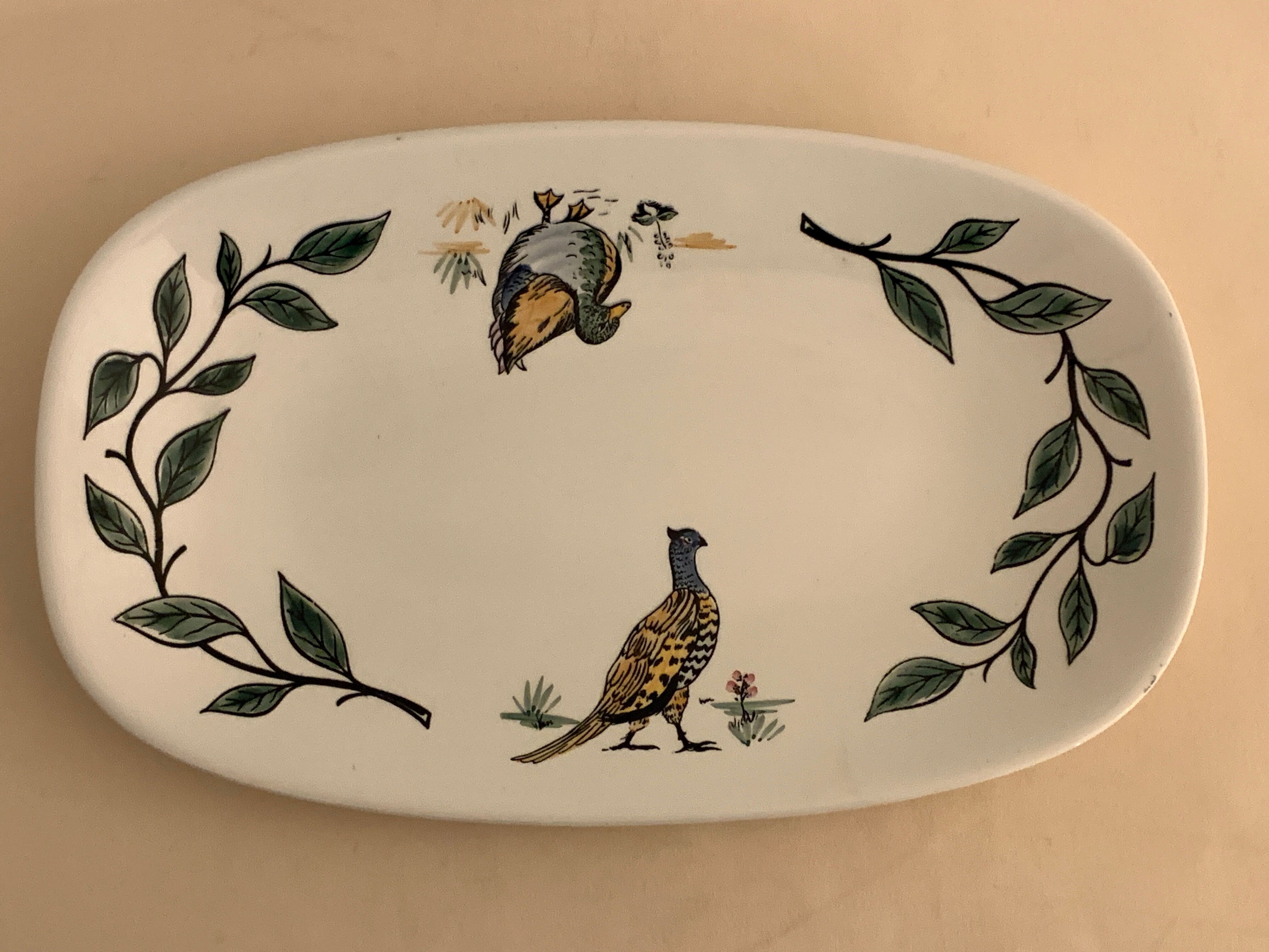 Gien hunting dish decorated with pheasant and duck, 1970