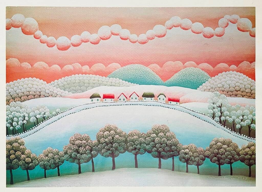 Art print by I. Rabuzin: "Naïve Landscape" Vintage 70s