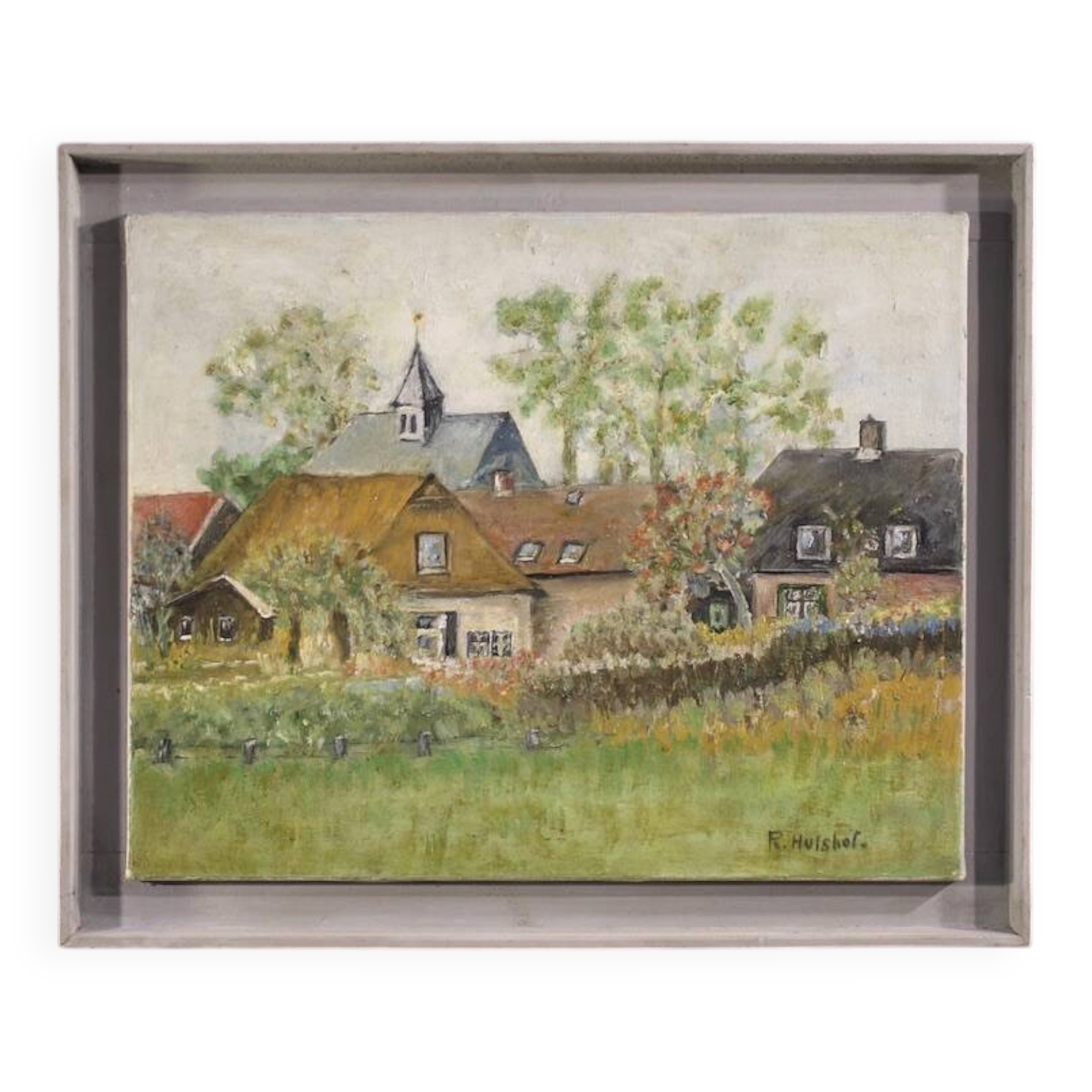 Peinture néerlandaise d'une vue de maisons dans le style impressionniste.
