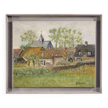 Peinture néerlandaise d'une vue de maisons dans le style impressionniste.