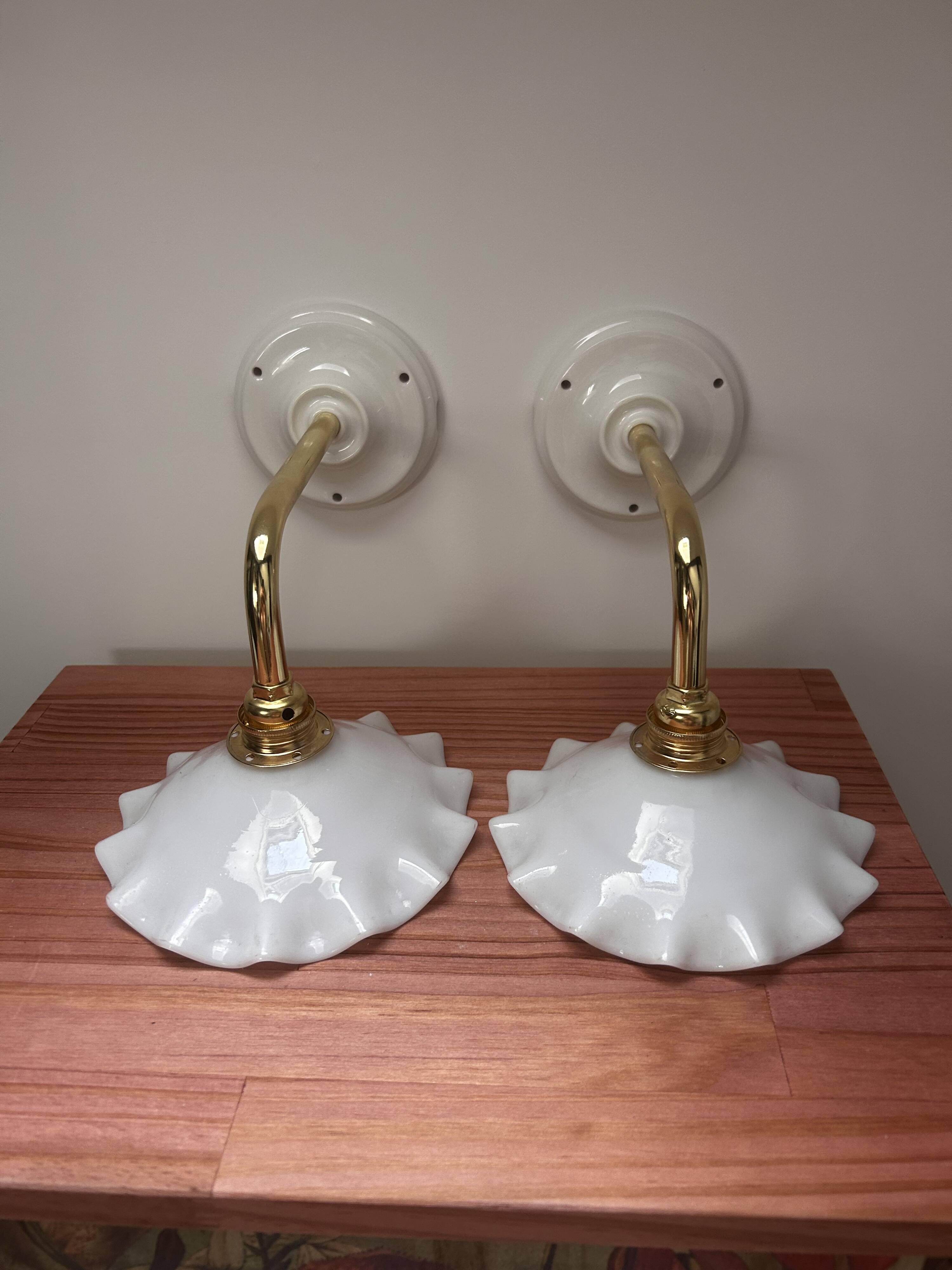 Pair: white opaline wall lights