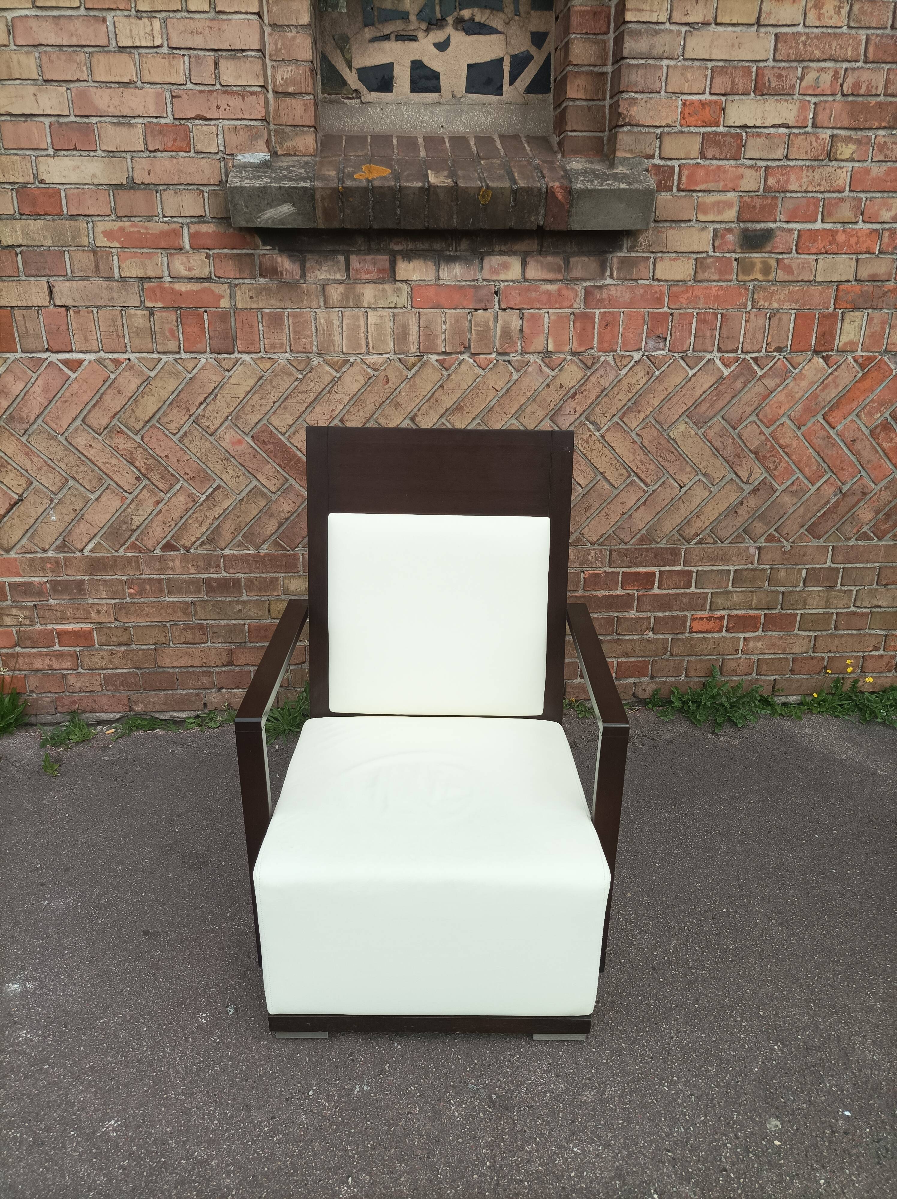 Old armchair white leather art deco design André sornay