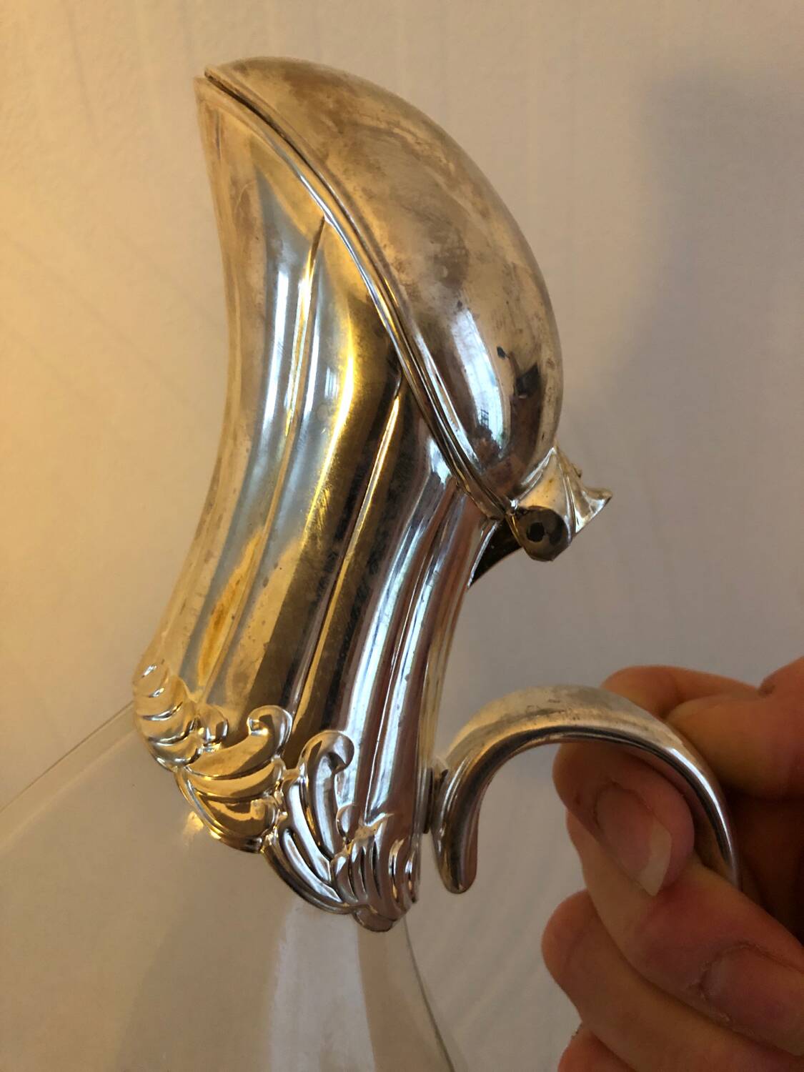 Carafe canard vintage en verre et argent