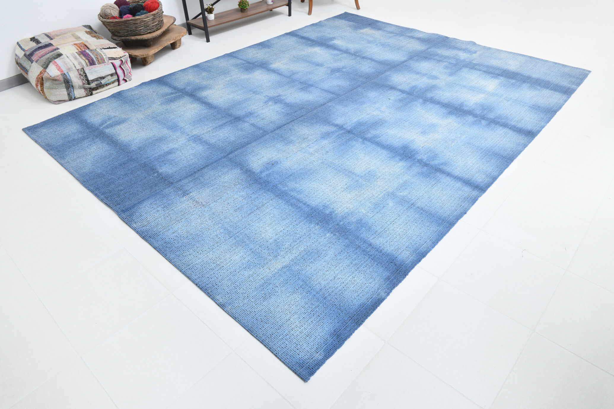 Shades of blue flatweave vintage rug 359x269cm