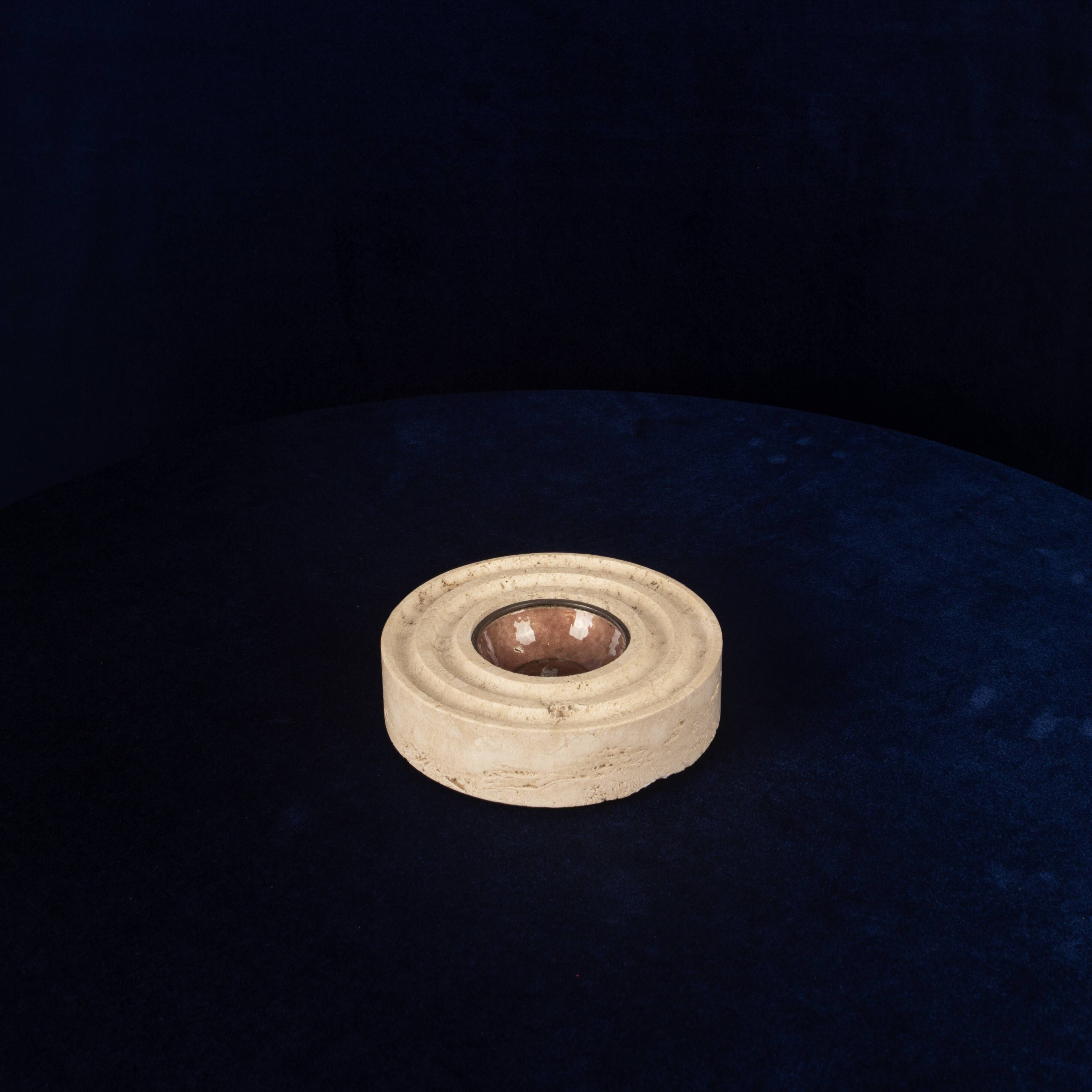 Italian Round Travertine and Copper-Toned Metal Ashtray, 1970