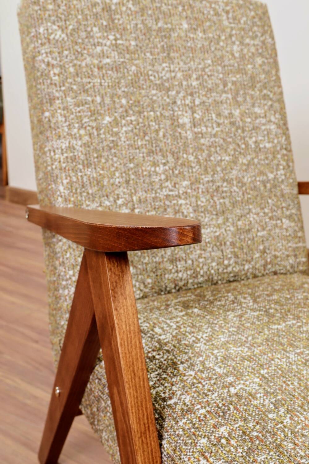 Vintage armchair wooden lounge chair green braid upholstery