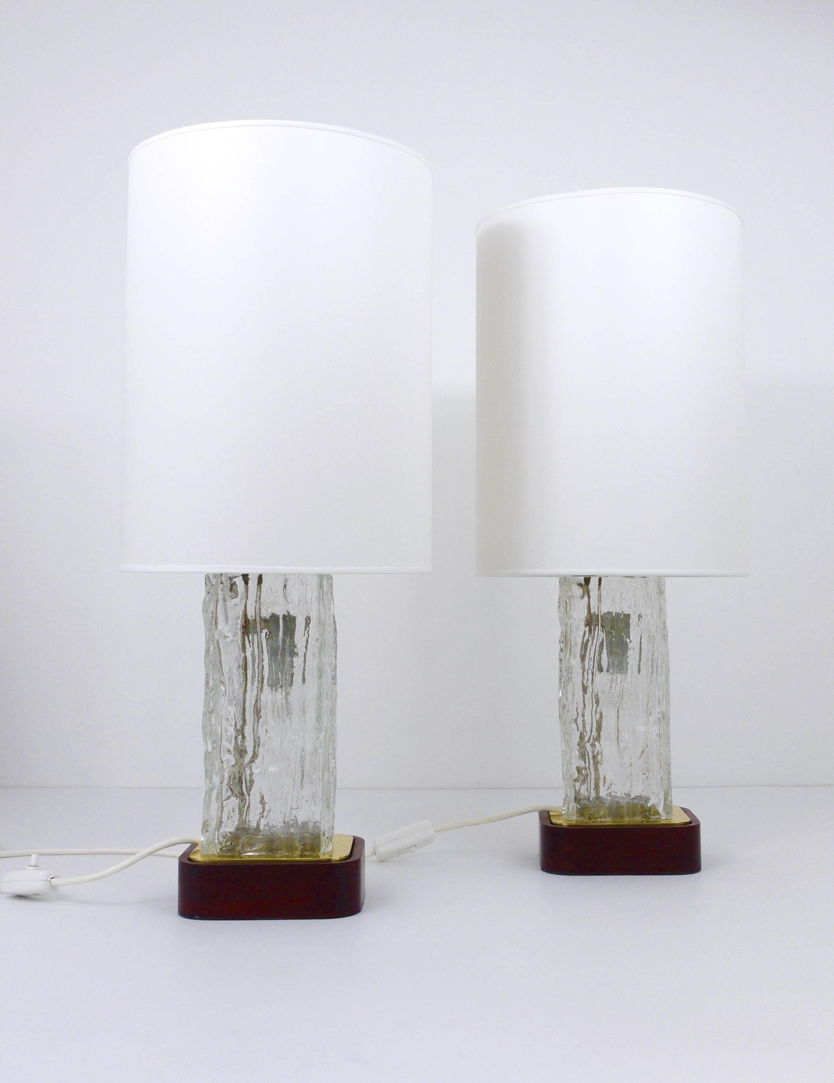 Pair of large glass ice table lamps by J.T. Kalmar "Frankenberg" with illuminated base.