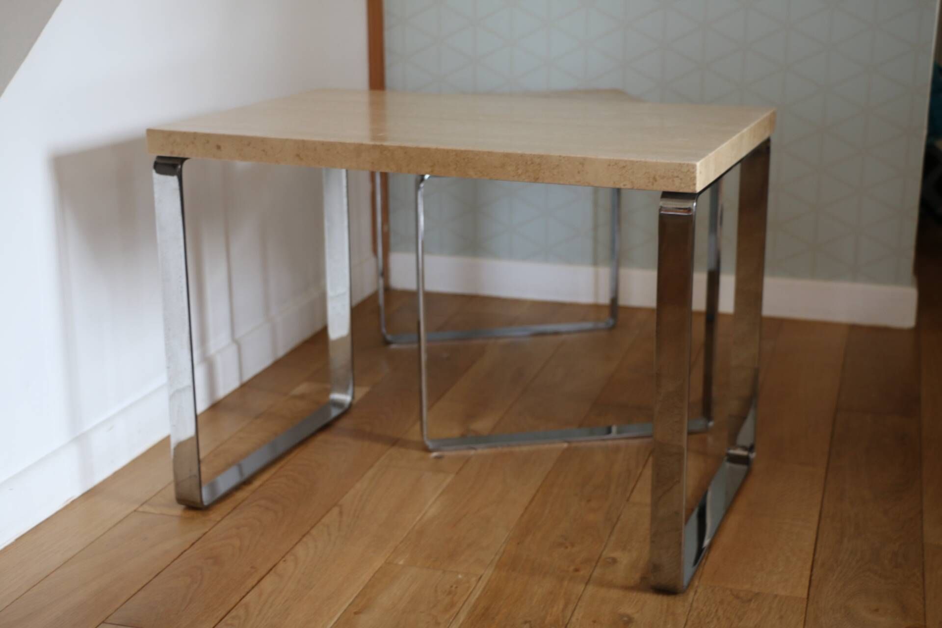 2 nesting tables chrome steel travertine