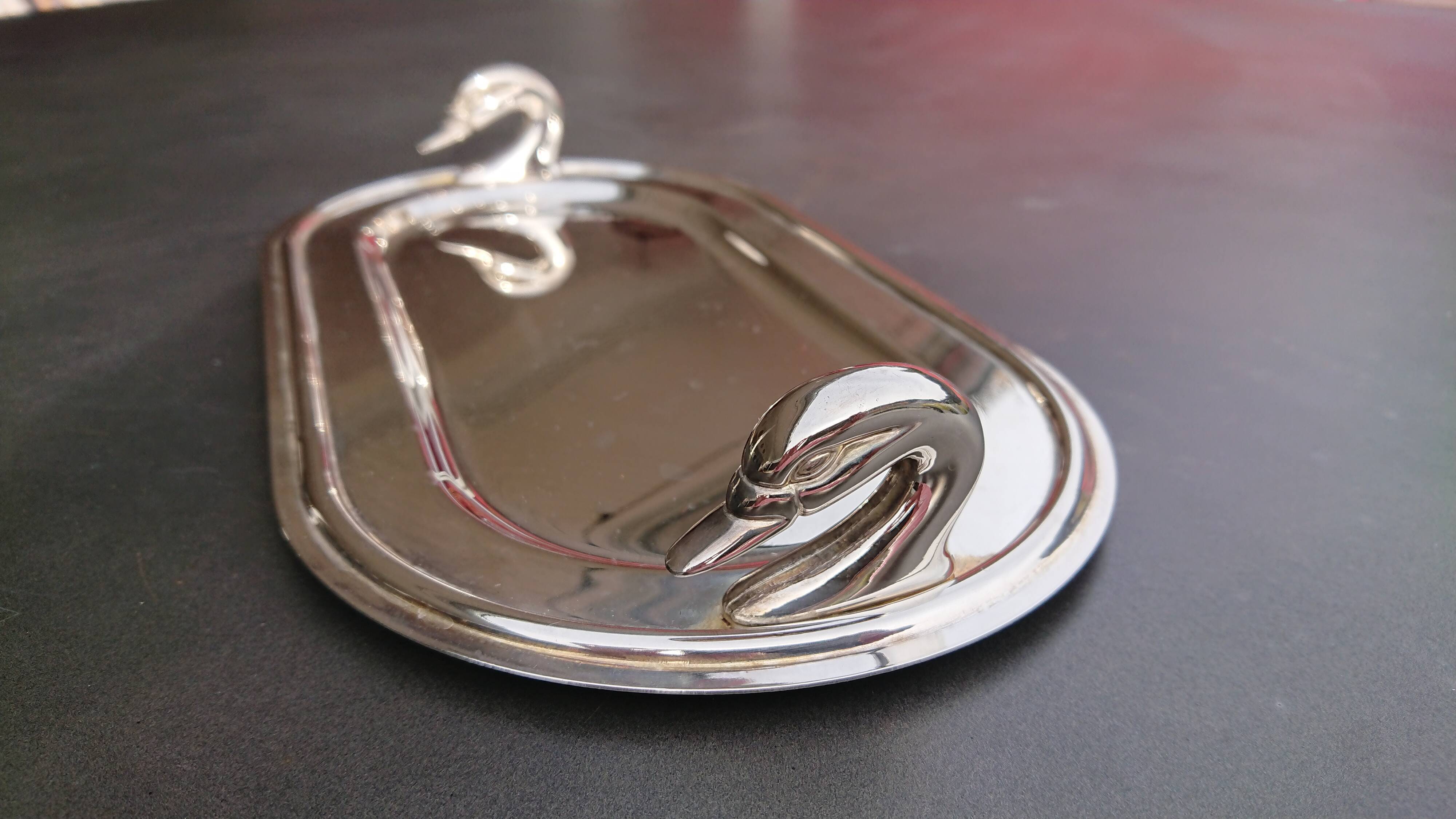 Silver metal tray, swan handles