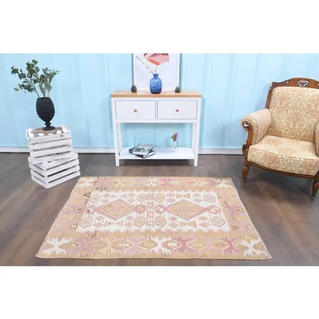 Vintage Turkish Oushak handmade cotton pink wool kilim area rug 120x165
