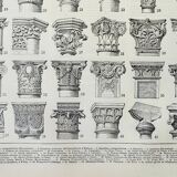 Gravure ancienne 1898, Chapiteau, poteau, architecture • Lithographie, Planche originale