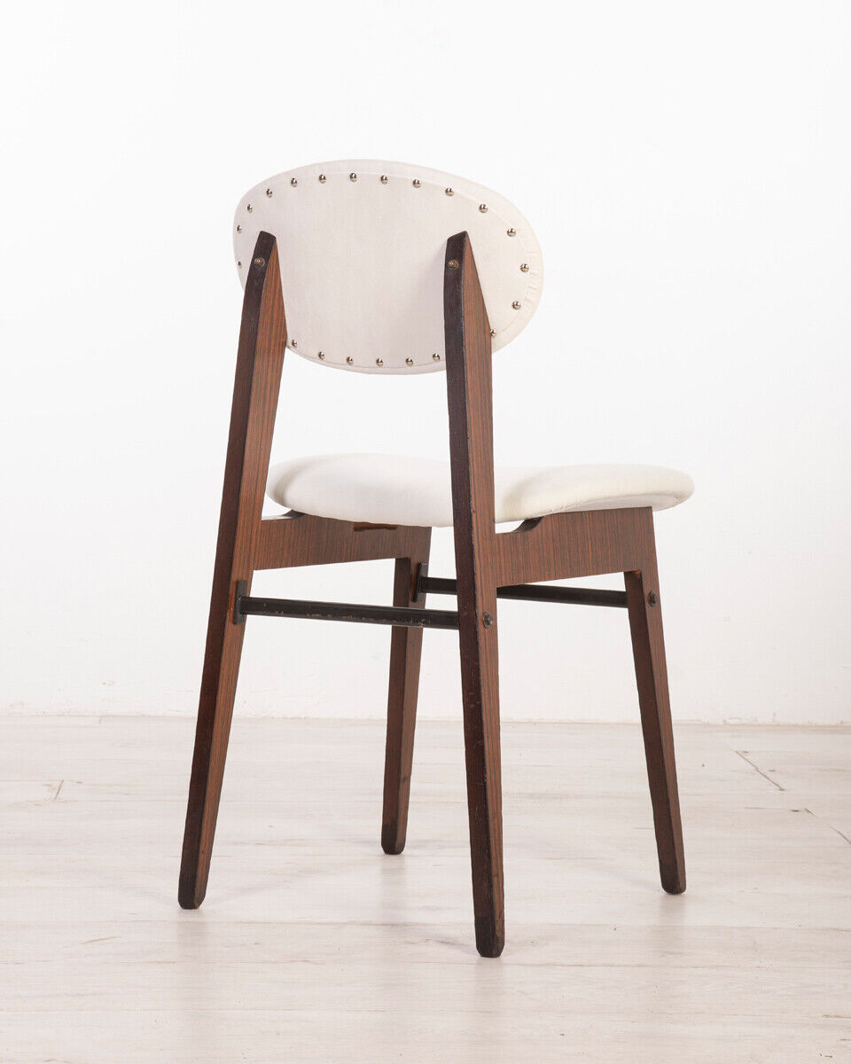 Ensemble de quatre chaises en bois et tissu vintage blanc design italien des années 50