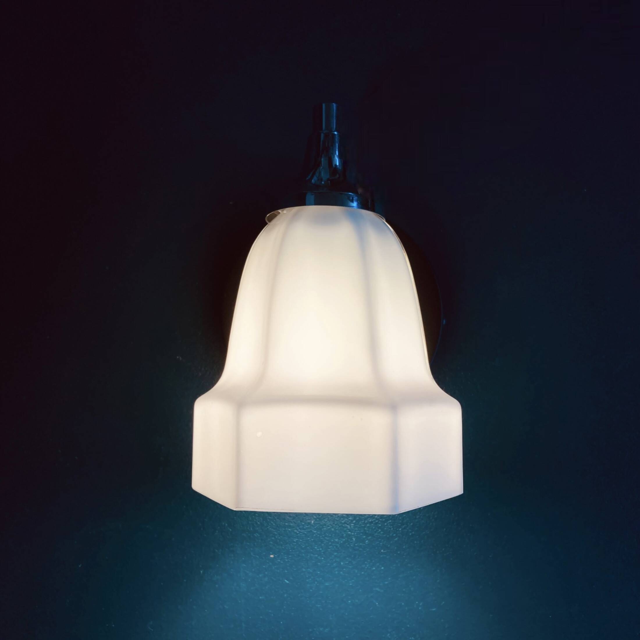 Small vintage chrome metal wall light and faceted white opaline glass tulip