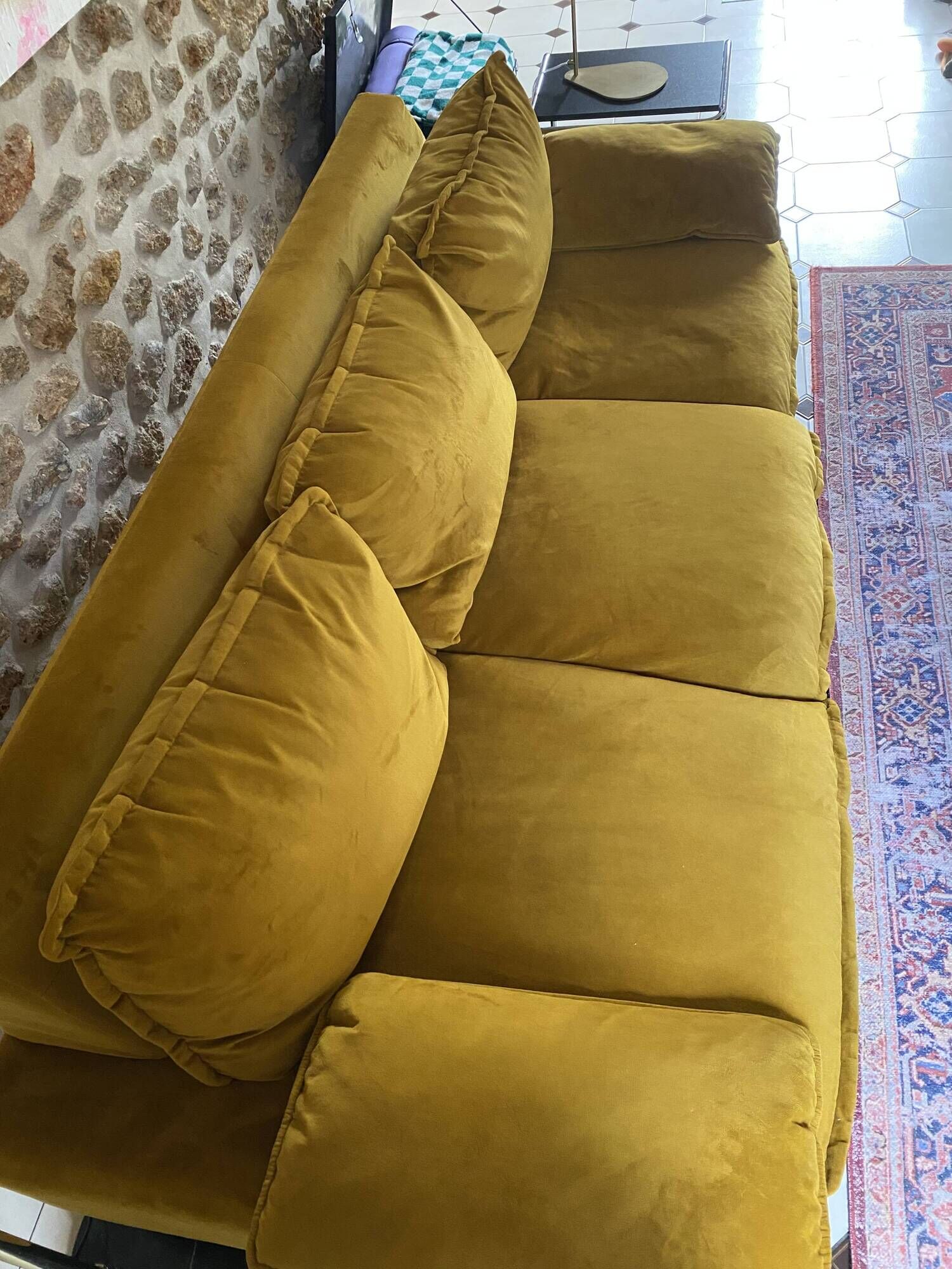 Mustard yellow retro three-seater sofa