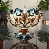 Glazed Earthenware Planter - Barbotine Early 20th Century - Ochre and Blue