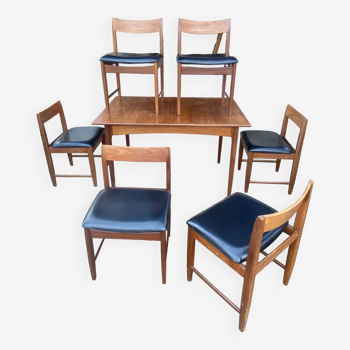 Ensemble de 6 chaises et sa table de salle à manger avec rallonges « BCM » vers 1960