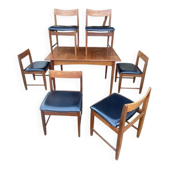 Ensemble de 6 chaises et sa table de salle à manger avec rallonges « BCM » vers 1960