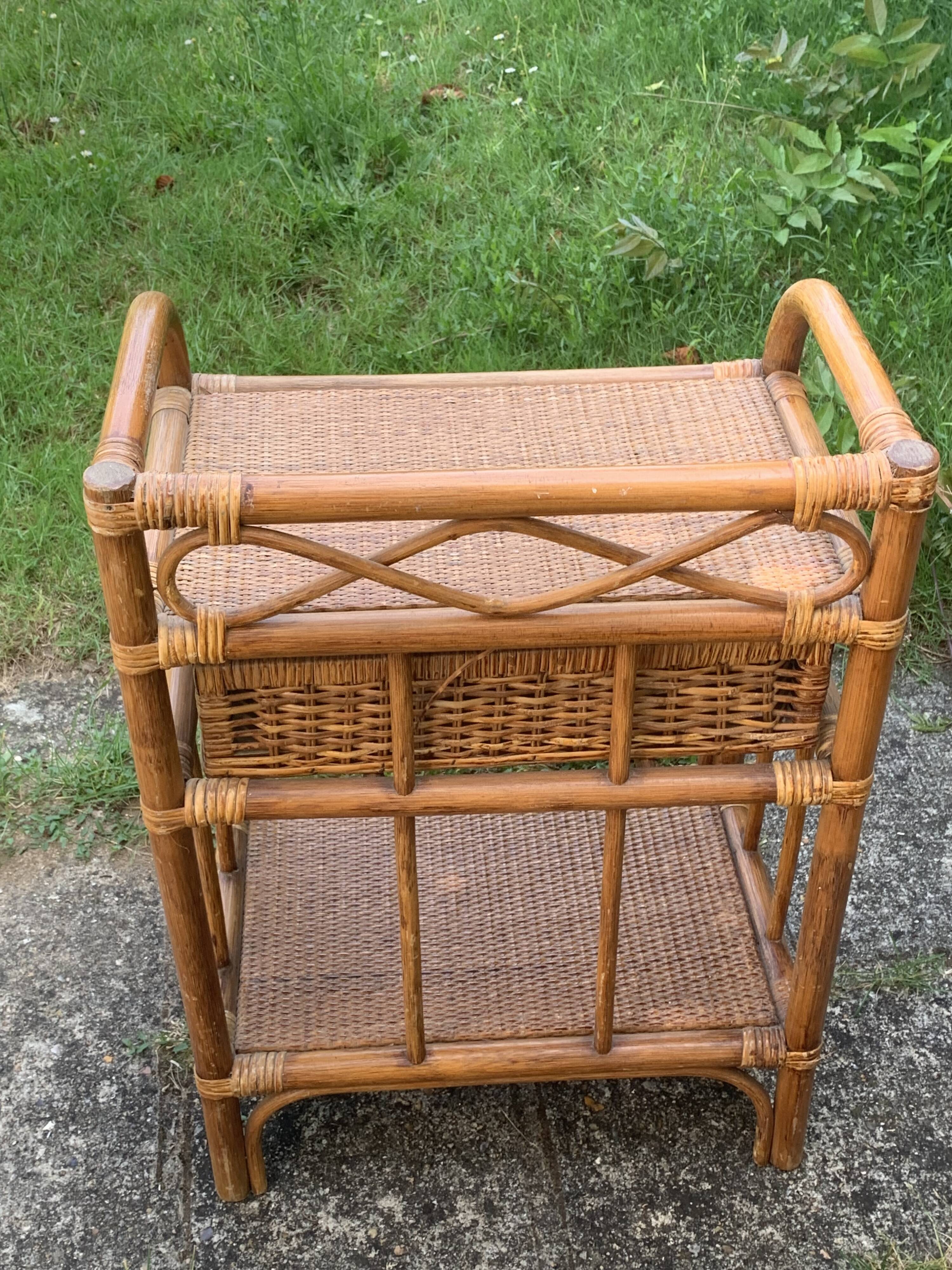 Shelf, side table, bedside table in vintage bamboo and rattan