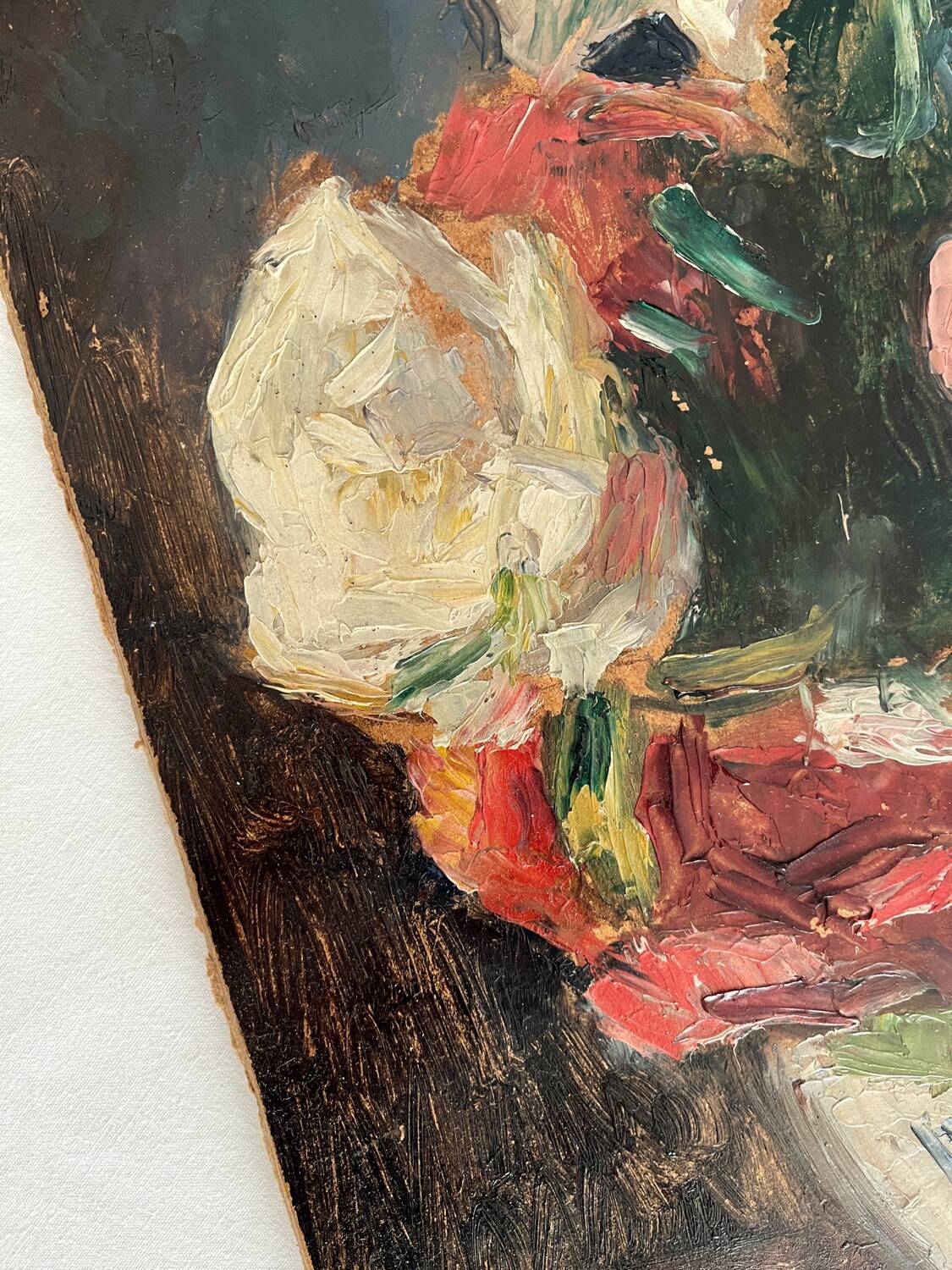 Old oil painting on cardboard bouquet of flowers and fruits