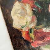 Old oil painting on cardboard bouquet of flowers and fruits