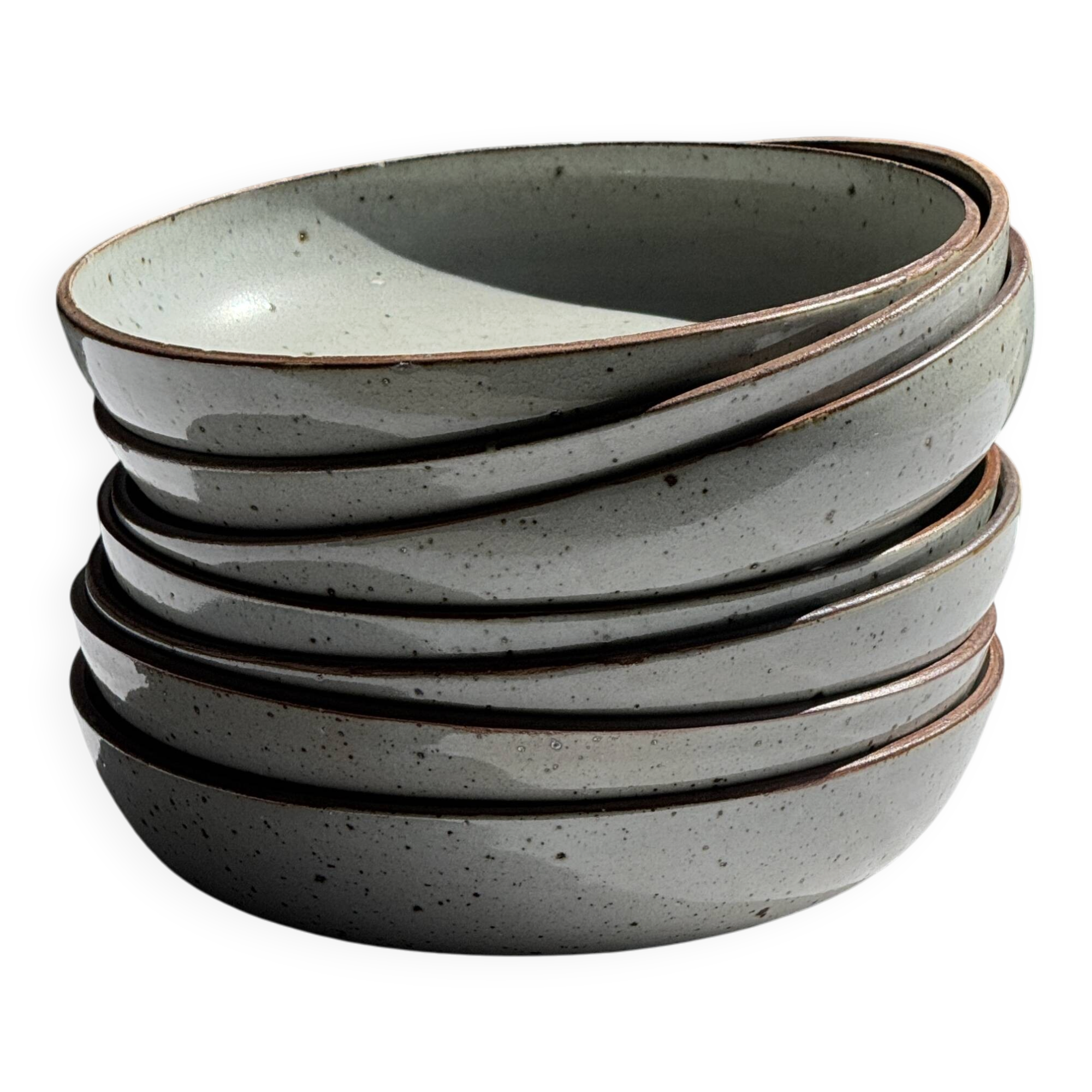 Set of 7 handmade grey glazed ceramic deep plates D18.5 H5.