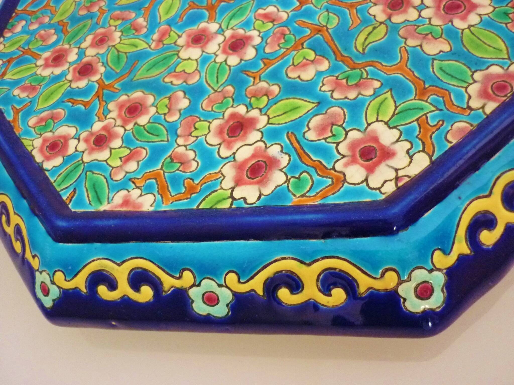 Glazed ceramic trivet, Longwy enamels, art deco