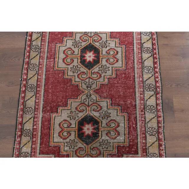 Vintage Turkish Oushak Handmade Wool Cotton Red Runner Rug   101x281