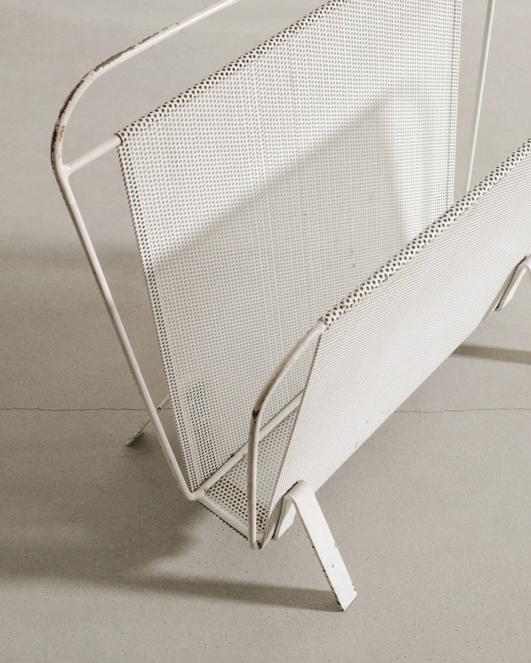 Vintage French Mid Century Mathieu Matégot White Metal Magazine Rack, 1950s