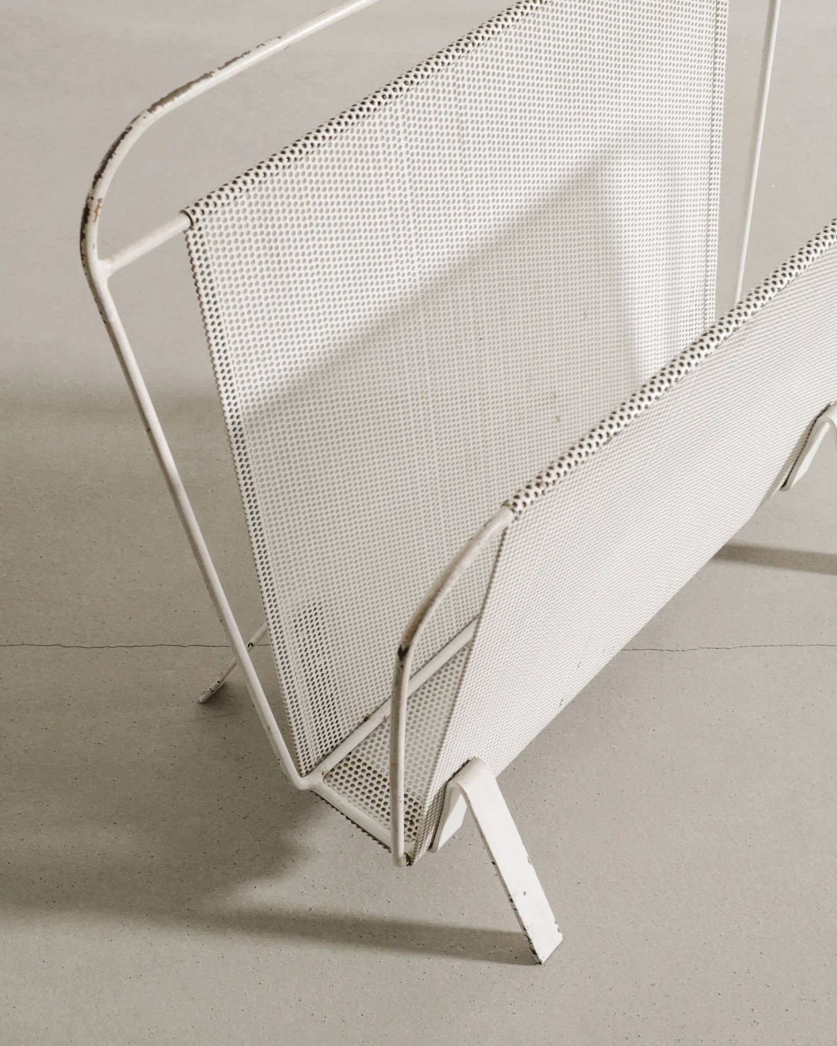 Vintage French Mid Century Mathieu Matégot White Metal Magazine Rack, 1950s