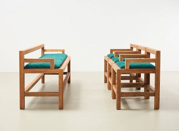 3 chaises de salle à manger & banc en chêne, Pays-Bas, années 1980.