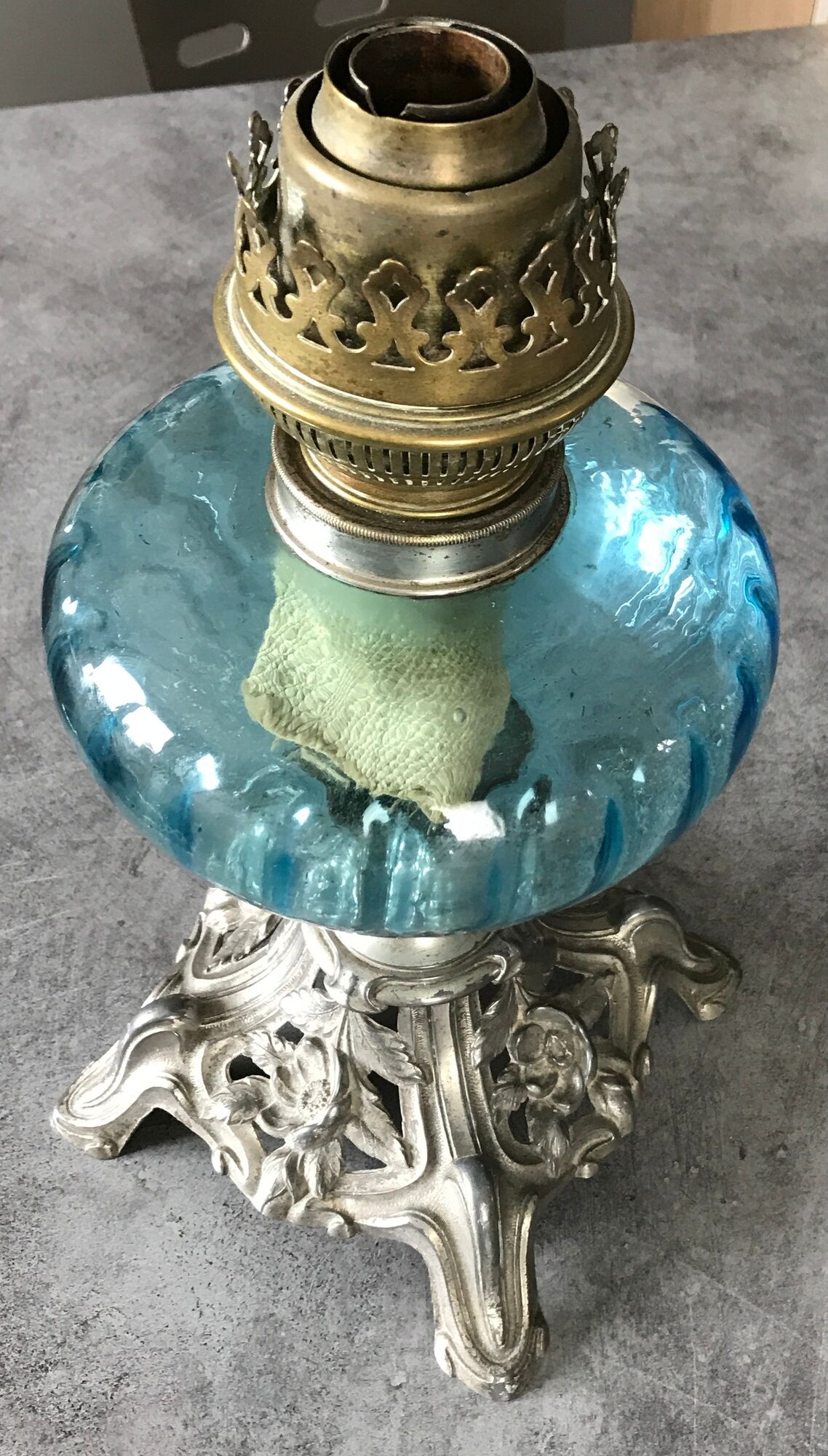 Regulated kerosene lamp foot baroque style blue glass bowl