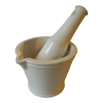 Old apothecary pharmacy pestle mortar in white ceramic signed LN