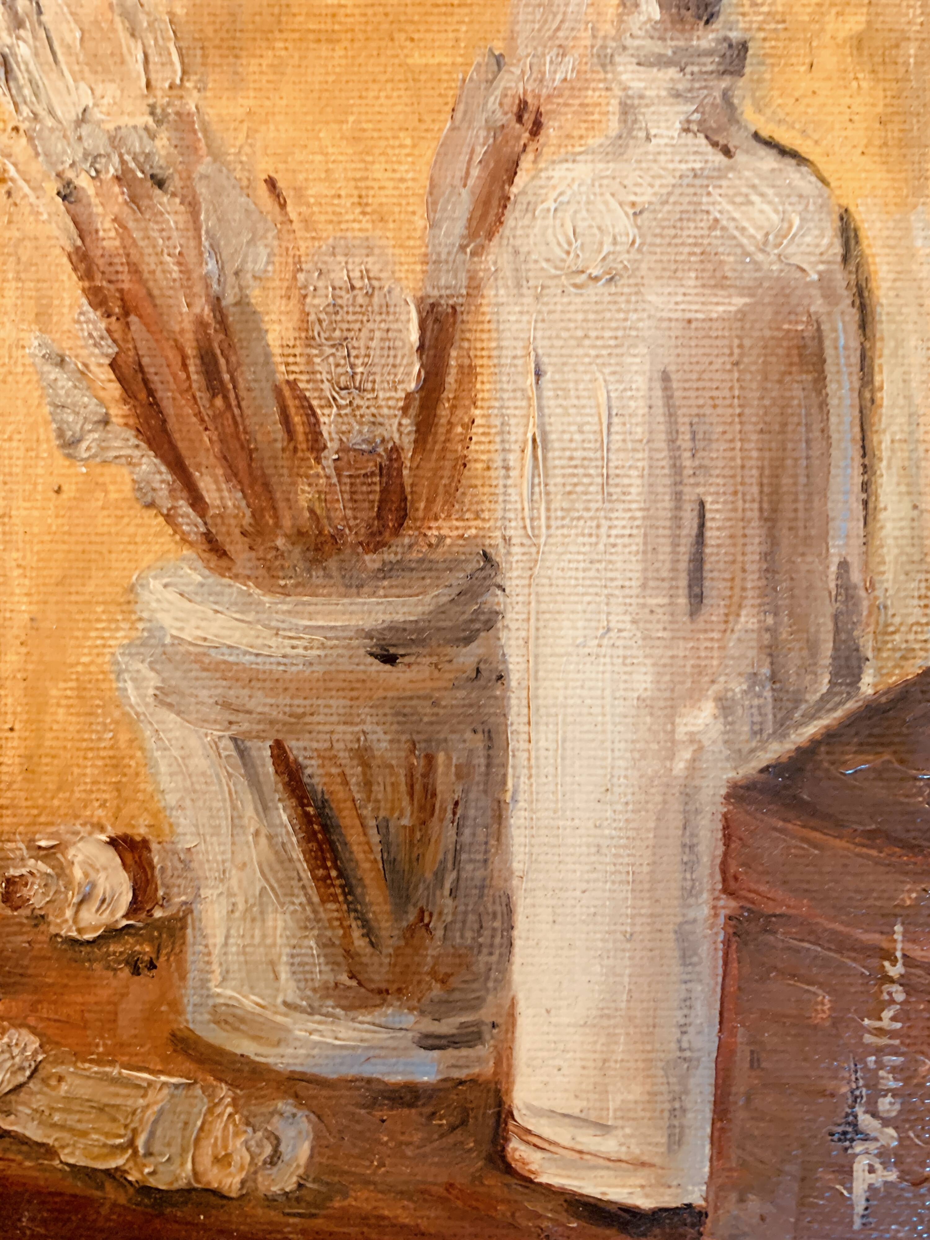 Small signed painting, oil on cardboard canvas, still life "studio"