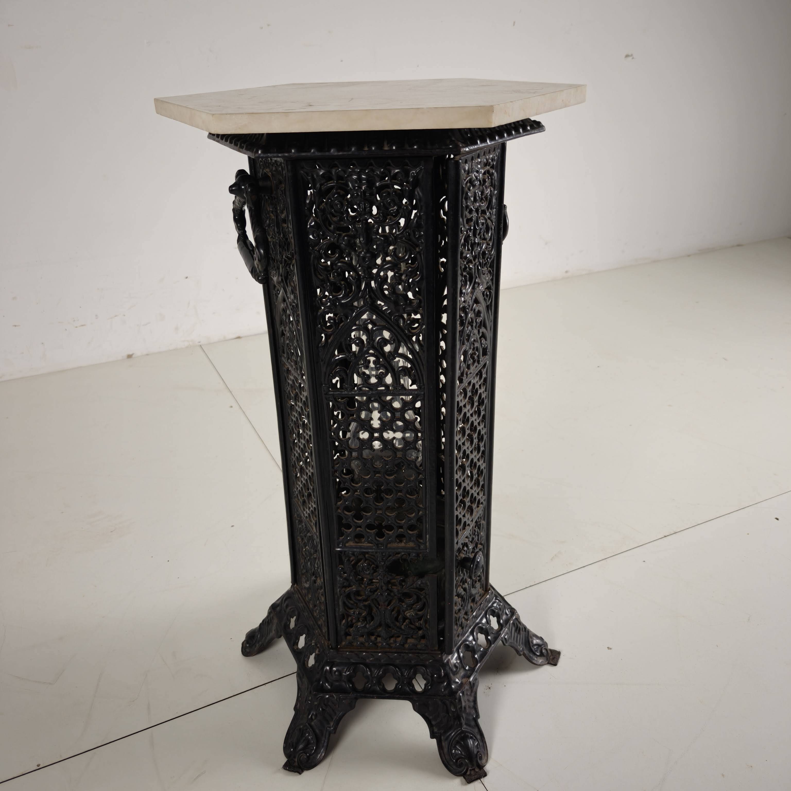 Orientalist Cast Iron side table with Marble Top, late 19th Century