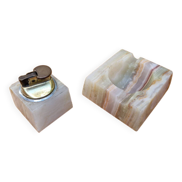 Vintage 1970s onyx lighter and ashtray smoking set