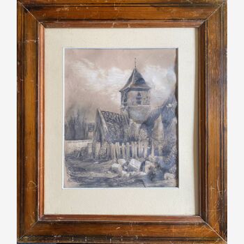 19th century ink drawing painting "the abandoned church" signed Constant